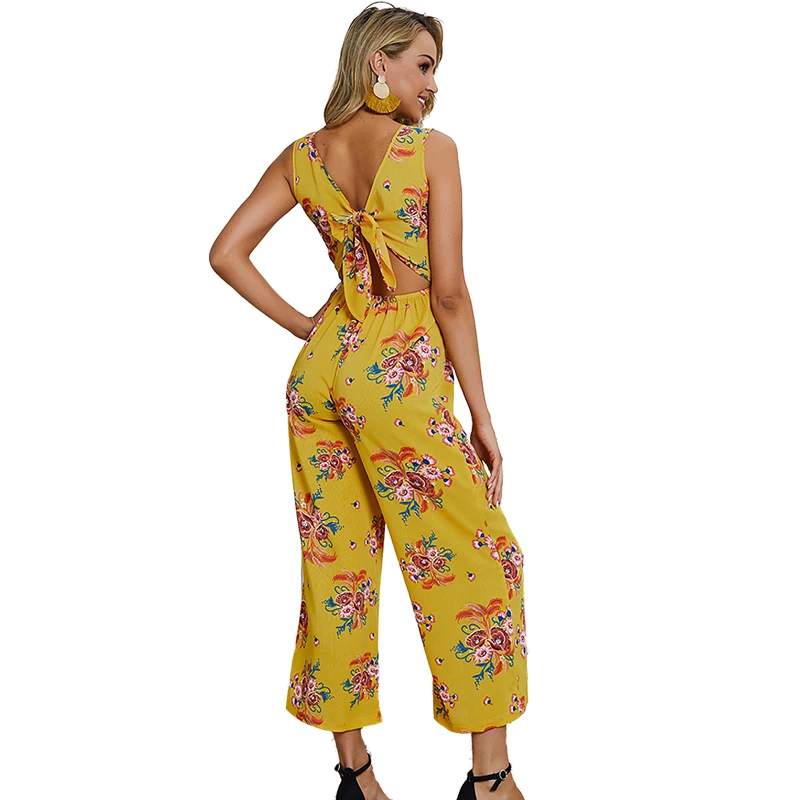 Женский винтажный хлопковый комбинезон с цветочным принтом без рукавов|Женские