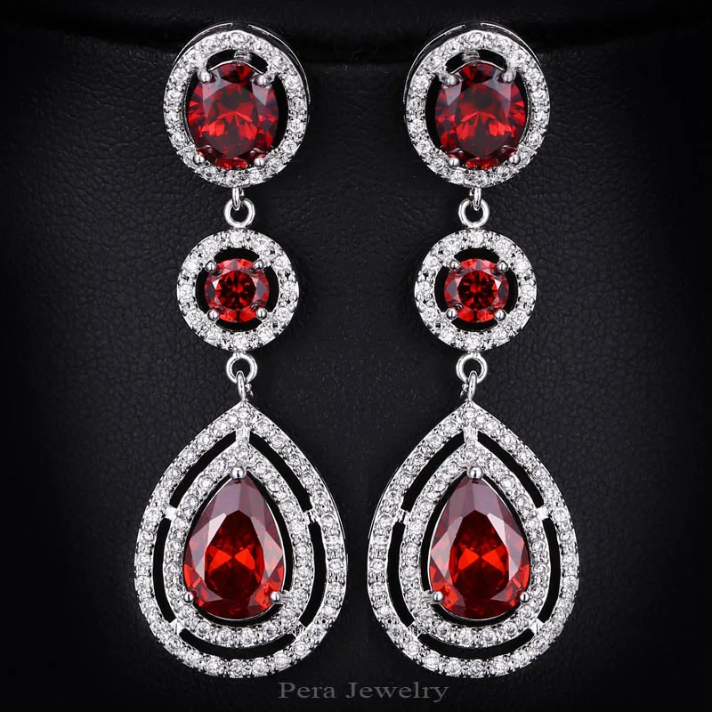Ruby Red Pera CZ Роскошные Королевские Свадебные ювелирные изделия Длинные Halo слеза падение темно-синий большой кубический цирконий камень свадебные серьги для женщин E041 - Окраска металла: Ruby Red