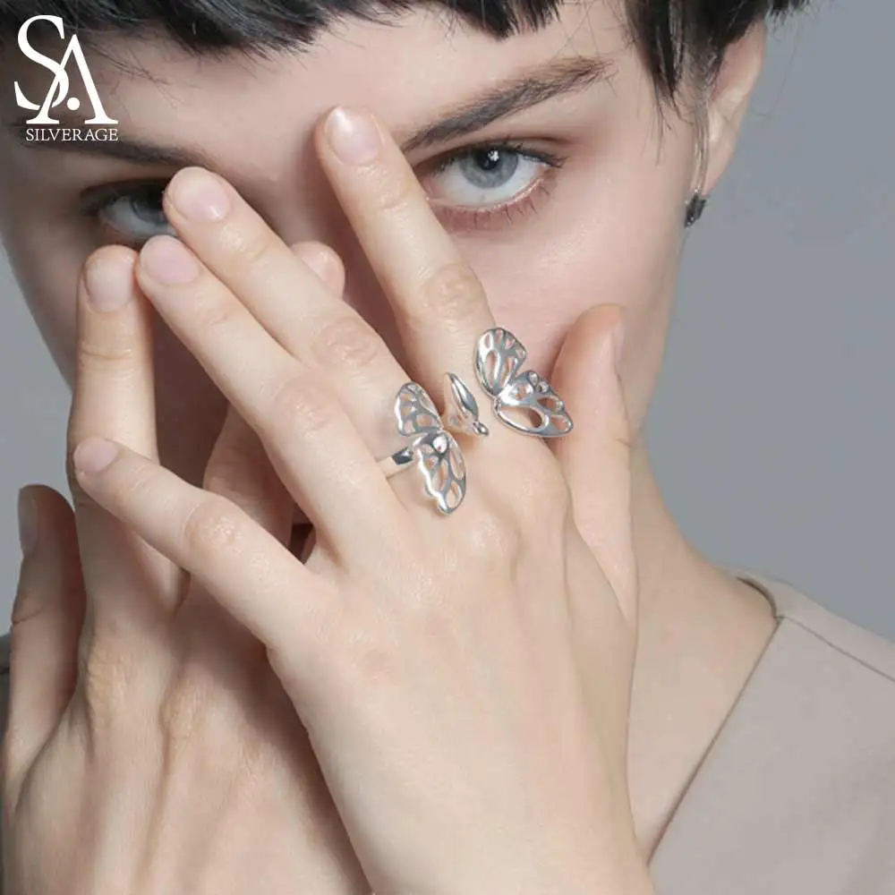 

SA SILVERAGE Adjustable 925 Sterling Silver Rings Sets For Women Fine Jewelry Fashion Weddings Butterfly Double Rings