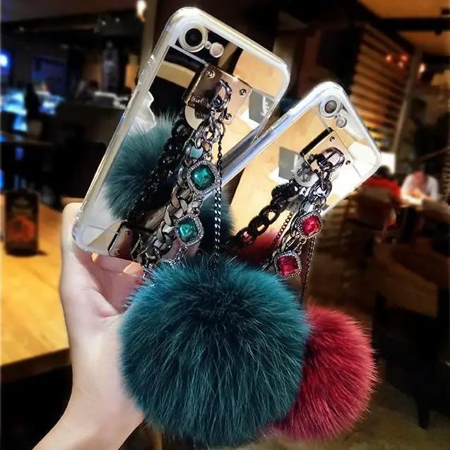 Hot Pompom Fur Ball Mirror TPU Cases For Samsung Galaxy S9 S8 S10 Plus S7 S6 Edge A5 A7 J5 J7 J3 2017 2016 Bracelet Coque |