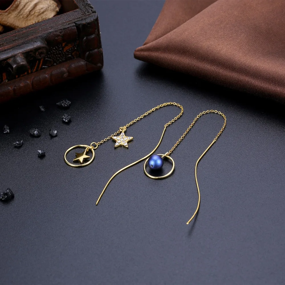 Женские асимметричные серьги с кристаллами Swarovski круглые длинной цепочкой в