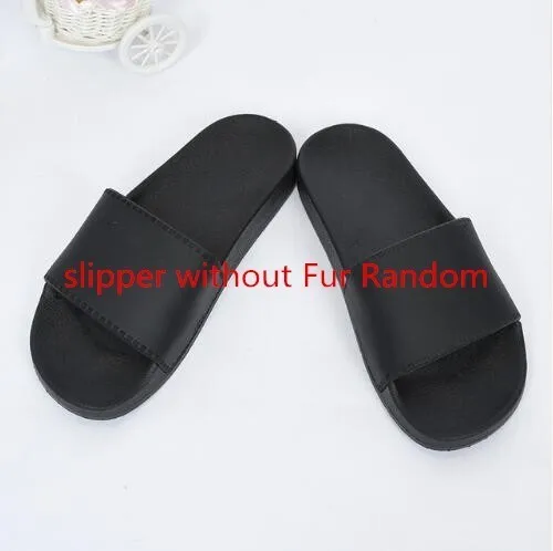 black without sliper Fluffy Slippers Real Fox Fur Slides Indoor Flip Flops Casual High Recommend Raccoon Fur Sandals Vogue Plush Shoes - Color: black without sliper