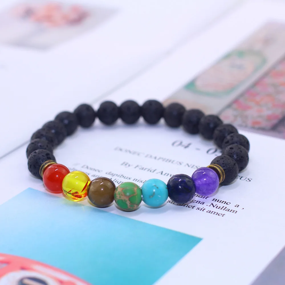10 шт./лот красочные семь чакр черный лава камень браслет ароматерапия эфирное