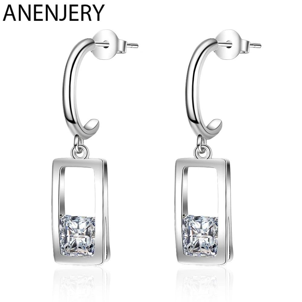 ANENJERY, 925 пробы, серебряные серьги, геометрические, прямоугольной формы, циркон, капли воды, серьги-гвоздики для женщин, S-E881