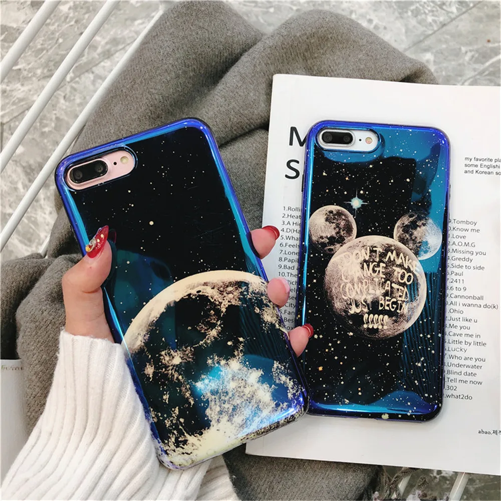 Cute Cartoon Moon Mickey Couples Phone Case For iPhone 7 Fashion Blue-ray Soft Cases Plus cover Shell Fundas |