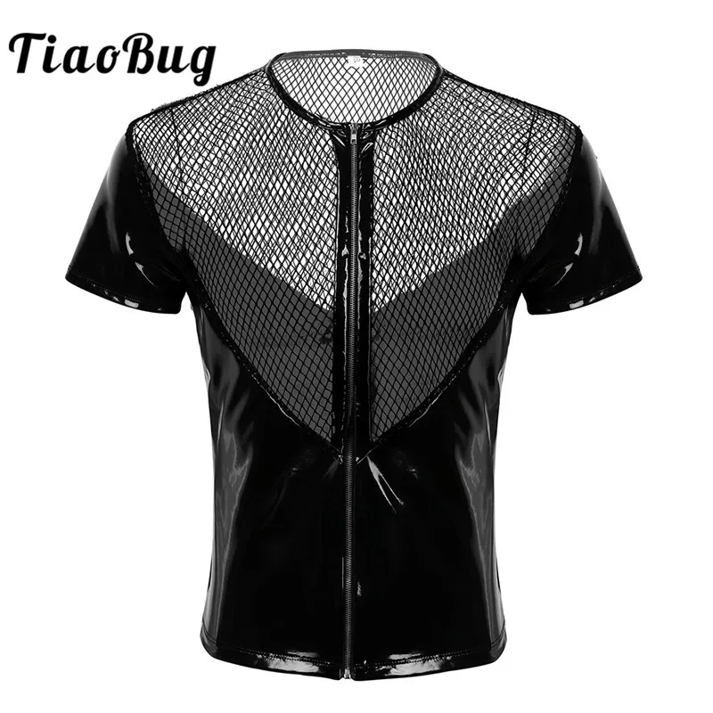 TiaoBug мужские черные лакированные кожаные прозрачные сетчатые Топы с коротким