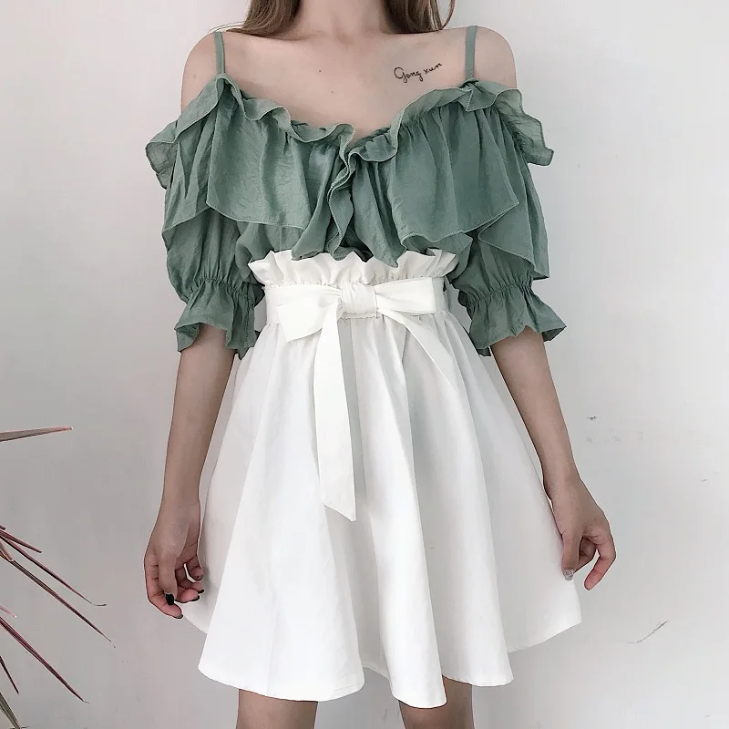 Женские рубашки Ulzzang японский кавайный женский гофрированный с открытыми