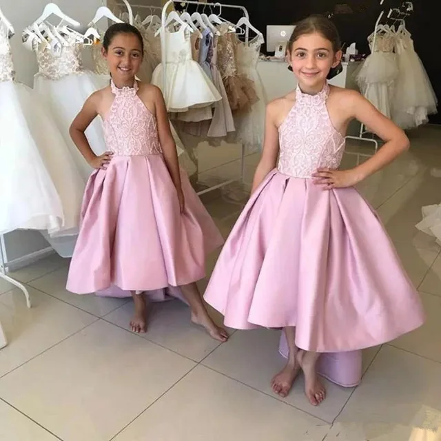 

Cute Pink Halter A Line Flower Girls Dresses with Satin Backless Hi Lo Ruffle Girls Pageant Dresses First Cummunion Dresses