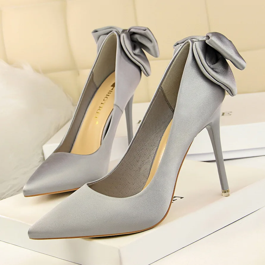 

Women Pumps Shoes Sweet Satin Butterfly-knot Pointed Toe Shallow Slip-On 10.5cm Thin High Heel Solid Lady Party Female Shoes