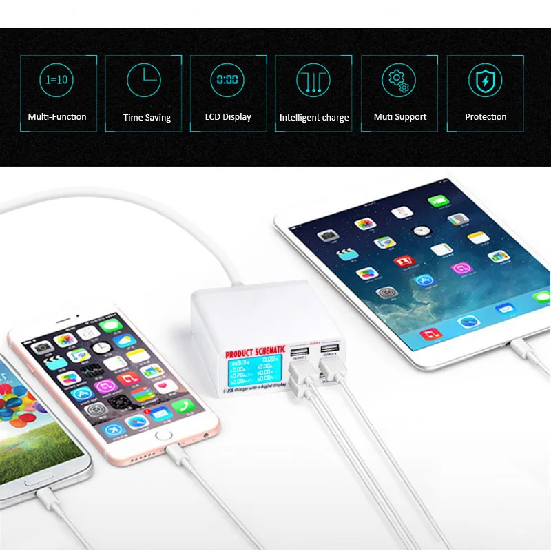 6 портов USB зарядное устройство для путешествий ЖК цифровой дисплей умная