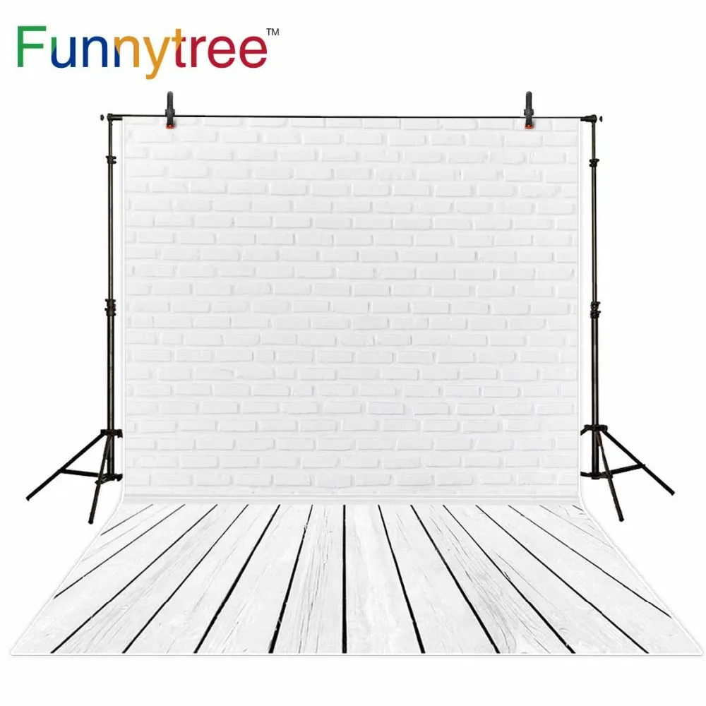 

Funnytree Photo Background Grey Wood Floor Studio Vinyl White Bricks Photography Backdrop for Pets Cakes Photos photocall