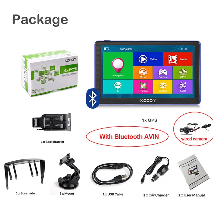 BT AVIN Wired Len XGODY 886, 7 дюймов, 256 м+ 8 г, Bluetooth, AV-IN, для автомобиля, грузовика, gps навигация, ёмкостный экран, FM навигатор, камера заднего вида, Карта Европы - Размер экрана, дюймов: BT AVIN Wired Len