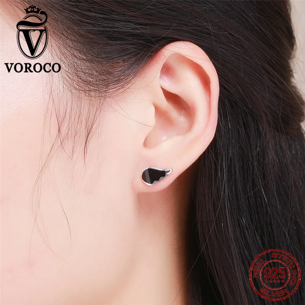 Voroco натуральная 925 Sterling Silver Wings Chic Черная Эмаль Серьги-гвоздики для Для женщин