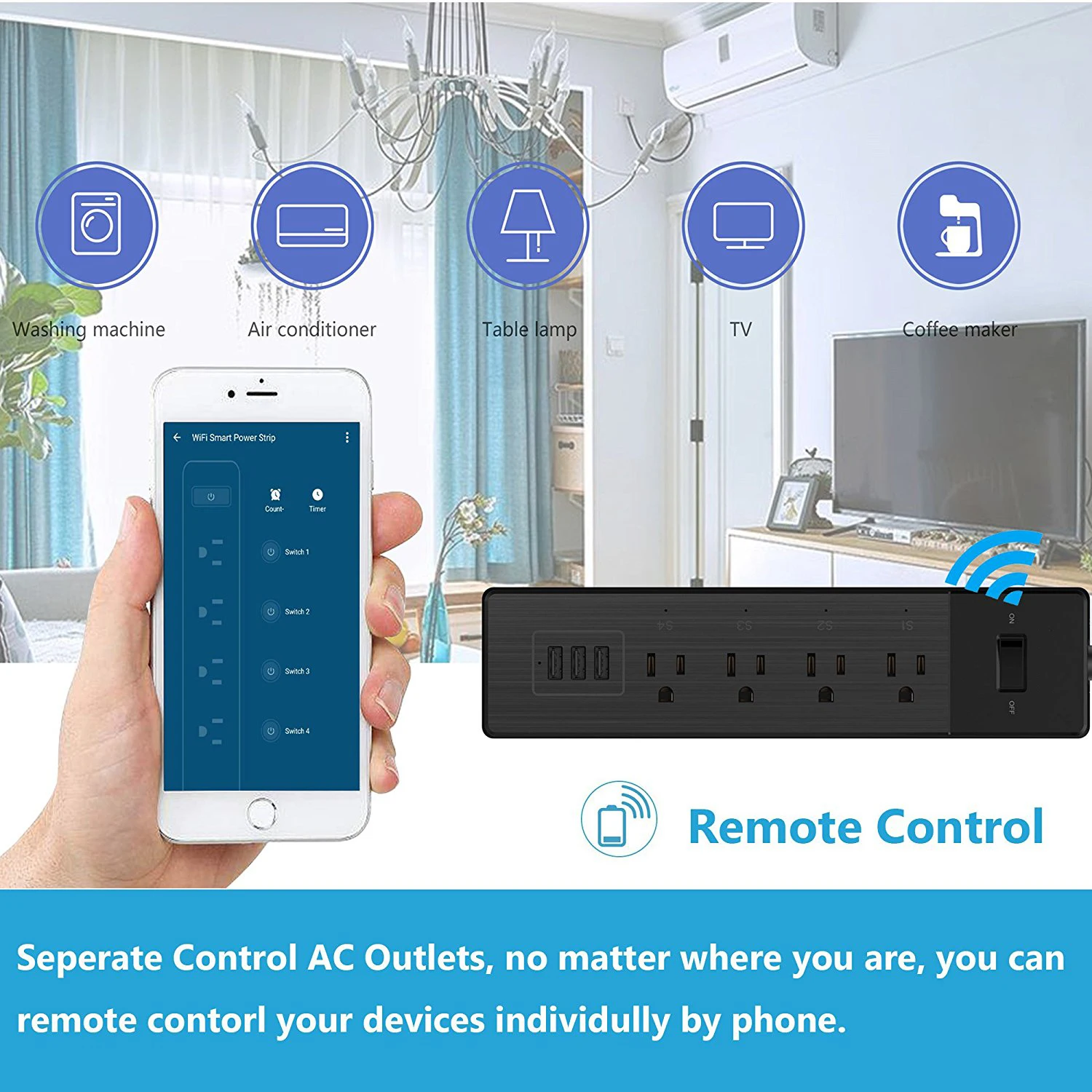Wi Fi Smart мощность полосы много точек 4 AC Plug 3 Зарядка через usb порты дистанционное