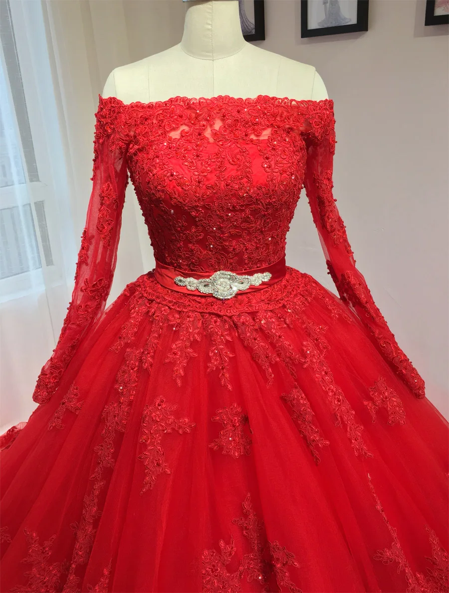 Красное свадебное платье с длинным рукавом и открытыми плечами|vestido de noiva princesa|noiva