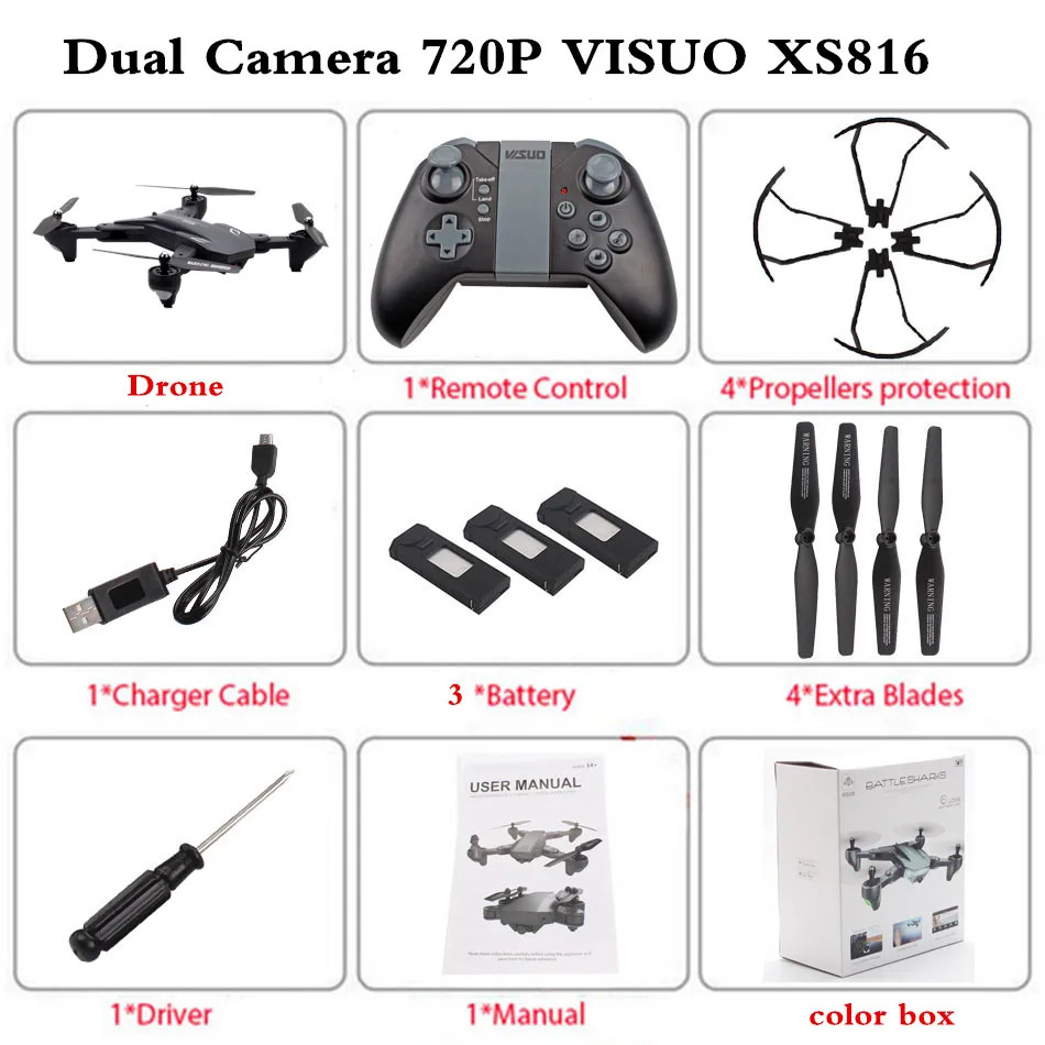 720P 3B Color Box VISUO XS816 Радиоуправляемый Дрон с 720 P/4 K двойной камерой Дрон оптический поток Квадрокоптер с камерой жестом Квадрокоптер для селфи, Дрон - Цвет: 720P 3B Color Box