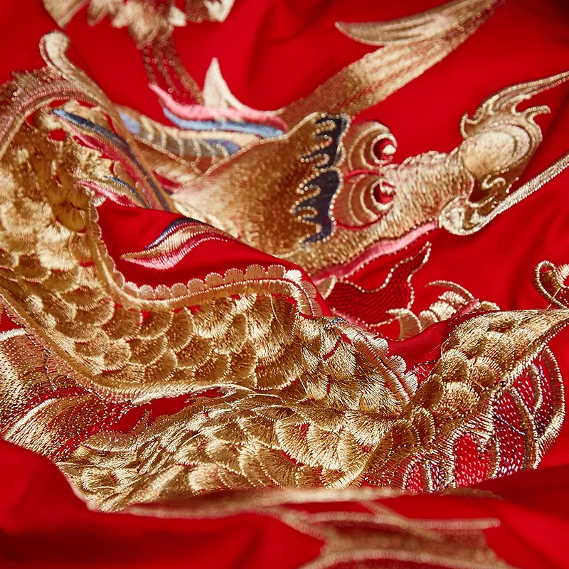 Роскошный Золотой Лоонг Феникс Вышивка Египетский хлопок красный свадебный