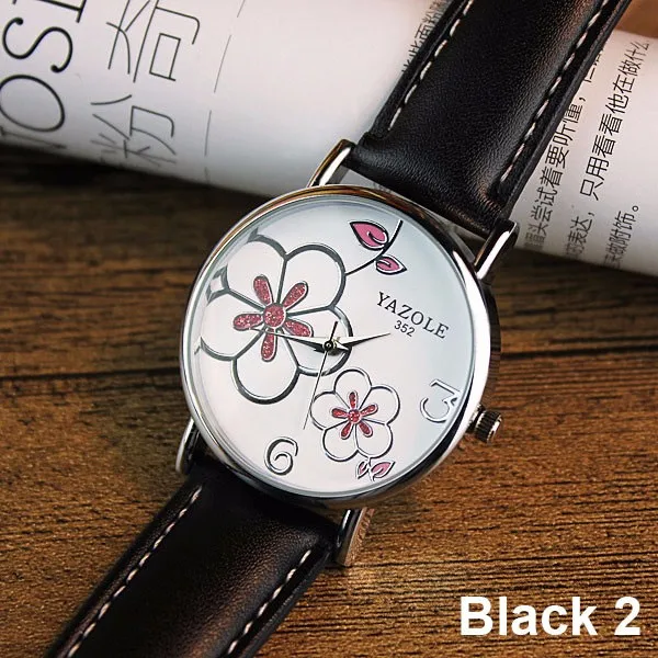 black white red От бренда yazole женские часы модные кожаные OL Цветочные стильные женские часы кварцевые часы Montre Femme Relogio Feminino - Цвет: black white red
