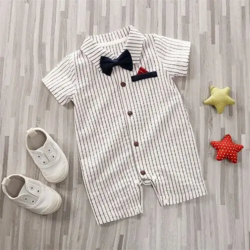 2019 Brand Newborn Baby Boys Wedding Party Bow Formal Romper New Striped Short Sleeve Gentleman Jumpsuit Outfit Boy Clothes |