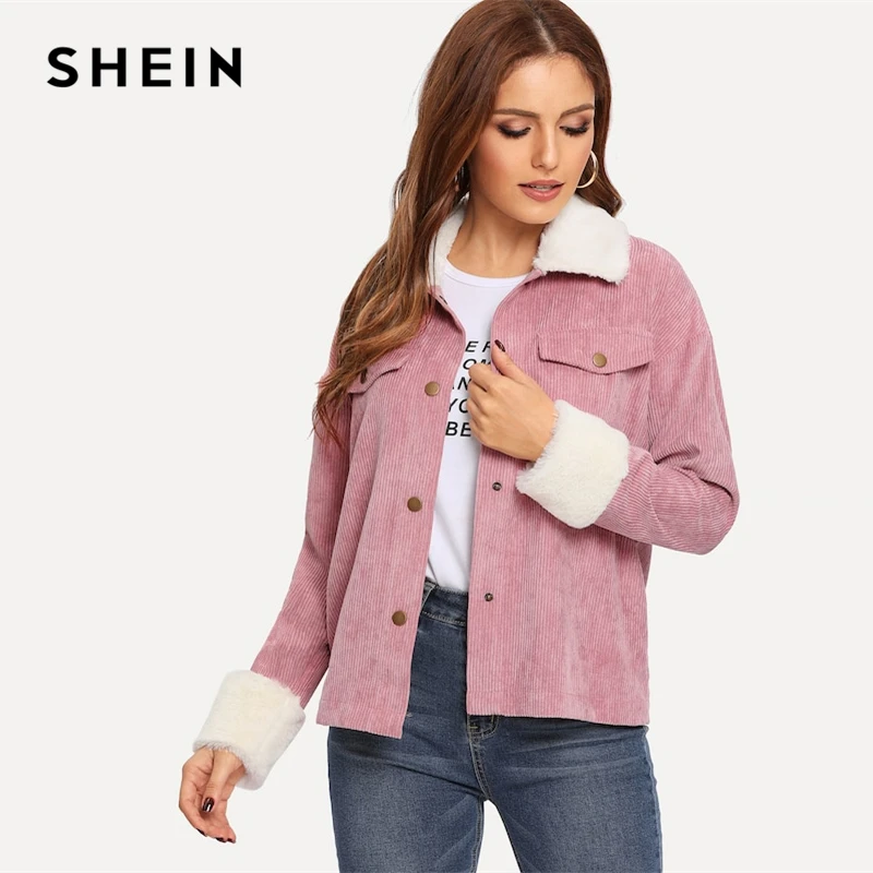 SHEIN Вельветовая Куртка С Контрастным Эко Мехом Женская Осенняя Повседневная Куртка С Длинными Рукавами И Карманами