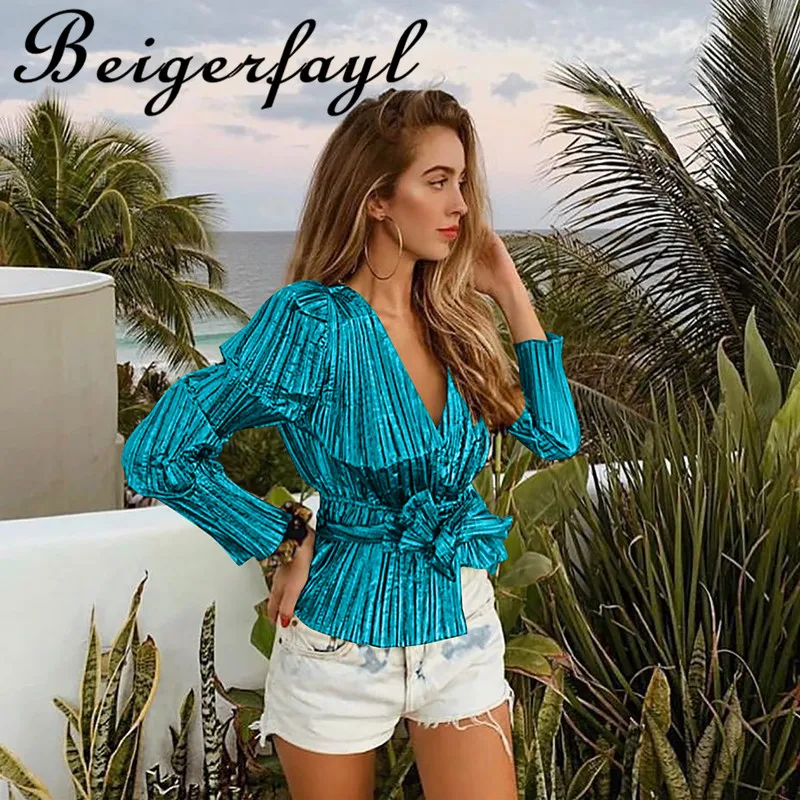 Beigerfayl 2019 Весна Лето Новая женская рубашка шикарная мода V воротник длинный рукав