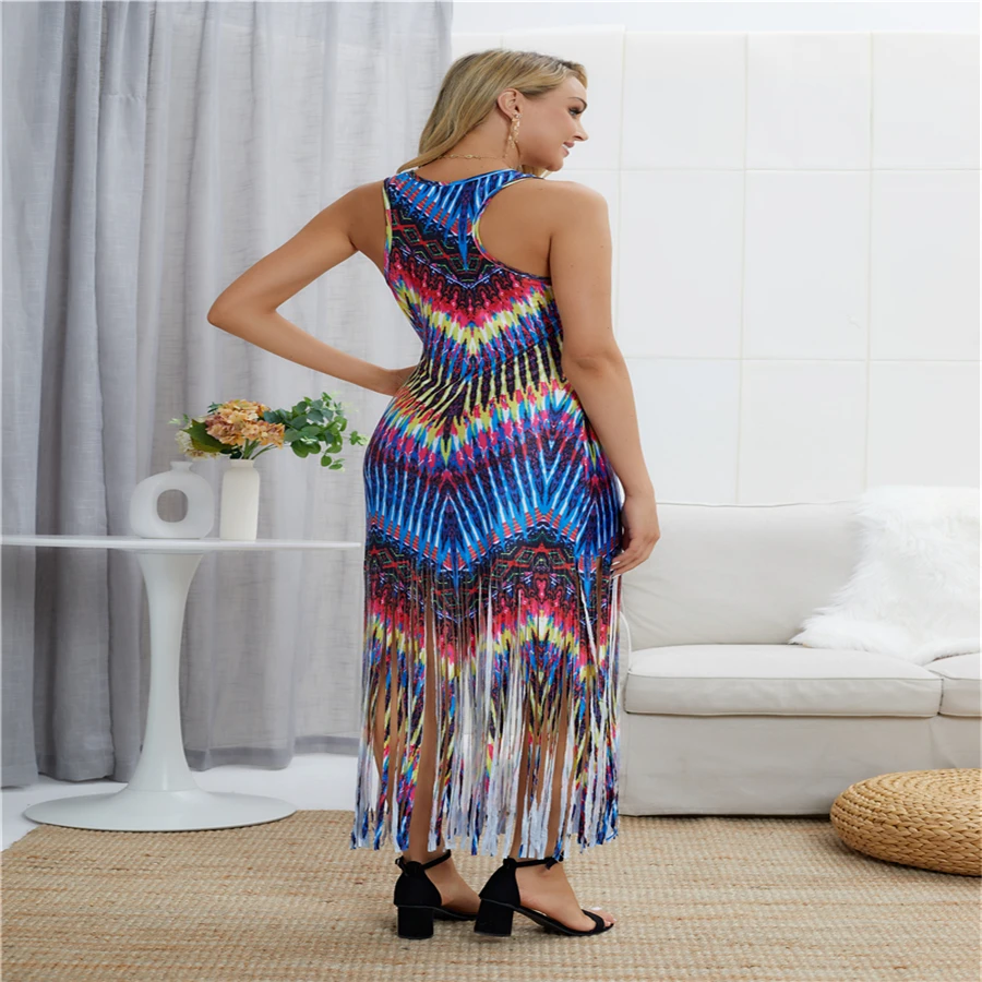 Женское облегающее платье без рукавов Пляжное Платье с кисточками летние платья