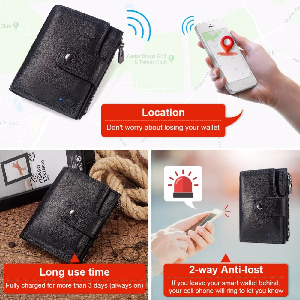 Новинка 2019 мужской Умный кошелек GZCZ из натуральной кожи с Bluetooth дорожные кошельки