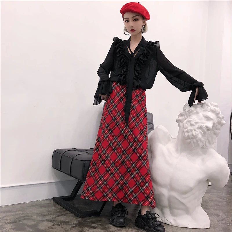 2018 Новый Для женщин Винтаж Англия Стиль парень красный плед один шаг длинная юбка