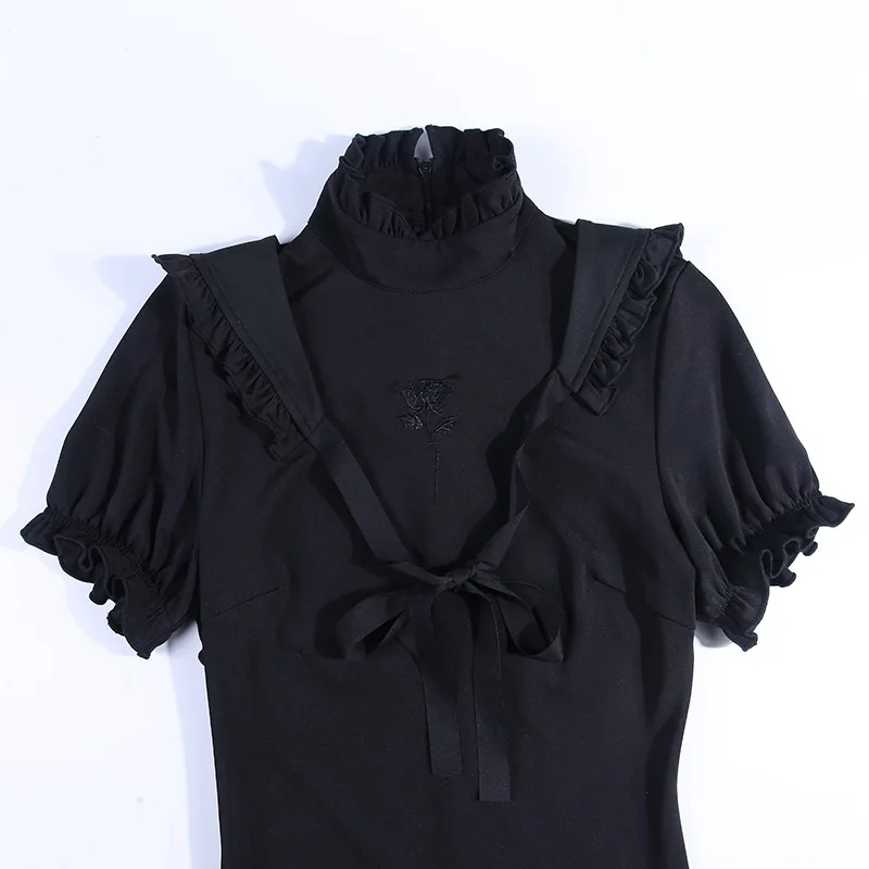 Сексуальное короткое платье с завязками женское летнее черное цветком лотоса