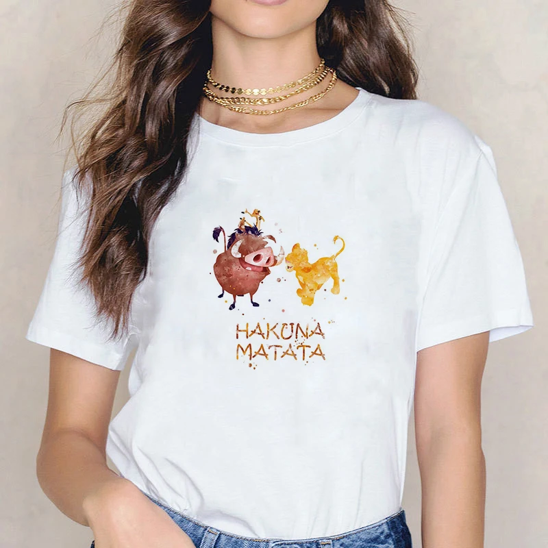 LUSLOS размера плюс футболка Hakuna Matata Король Лев футболка Женские футболки Повседневная белая черная уличная одежда Топ тройники футболка женска - Цвет: XWT0770