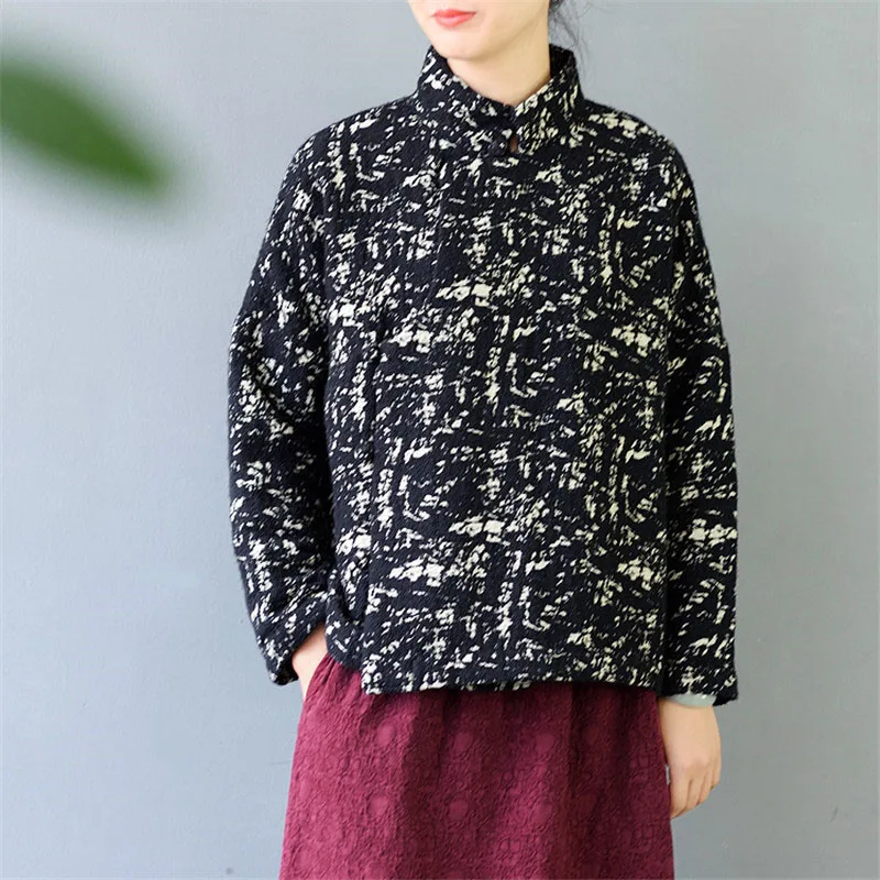 Black SCUWLINEN зимняя куртка женская винтажная стоячий воротник китайский стиль утолщение жаккард короткие свободные куртки S430 - Цвет: Black