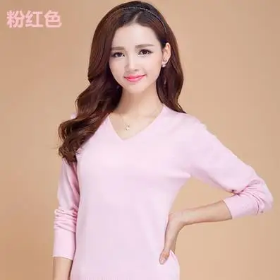V-Neck Кашемировые женские свитера и пуловеры, осенне-зимний однотонный пуловер с длинным рукавом, джемпер, повседневный вязаный свитер для женщин - Цвет: V-Neck