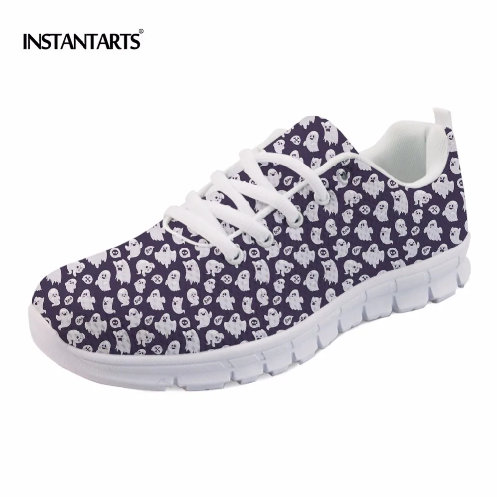 

INSTANTARTS Women Casual Shoes Fashion Breathable Walking Mesh Lace Up Flat Shoes Boo Ghost Hunting Pattern Sneakers Tenis Flats
