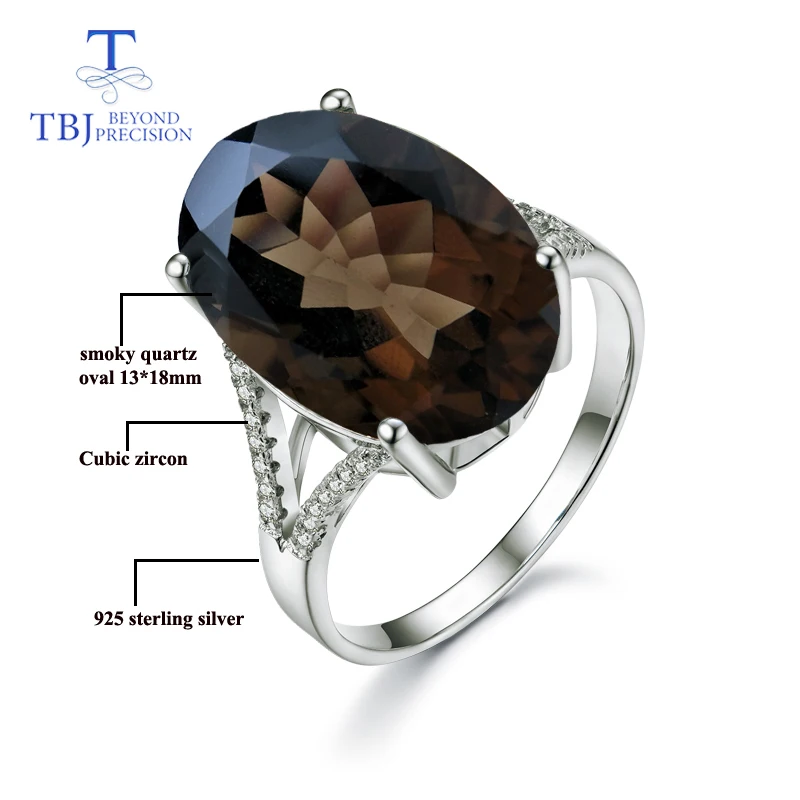 TBJ, большой натуральный драгоценный камень 11ct дымчатый кольца белого цвета 925 пробы драгоценности из серебра и камней для женщин с коробкой, Подарок на годовщину