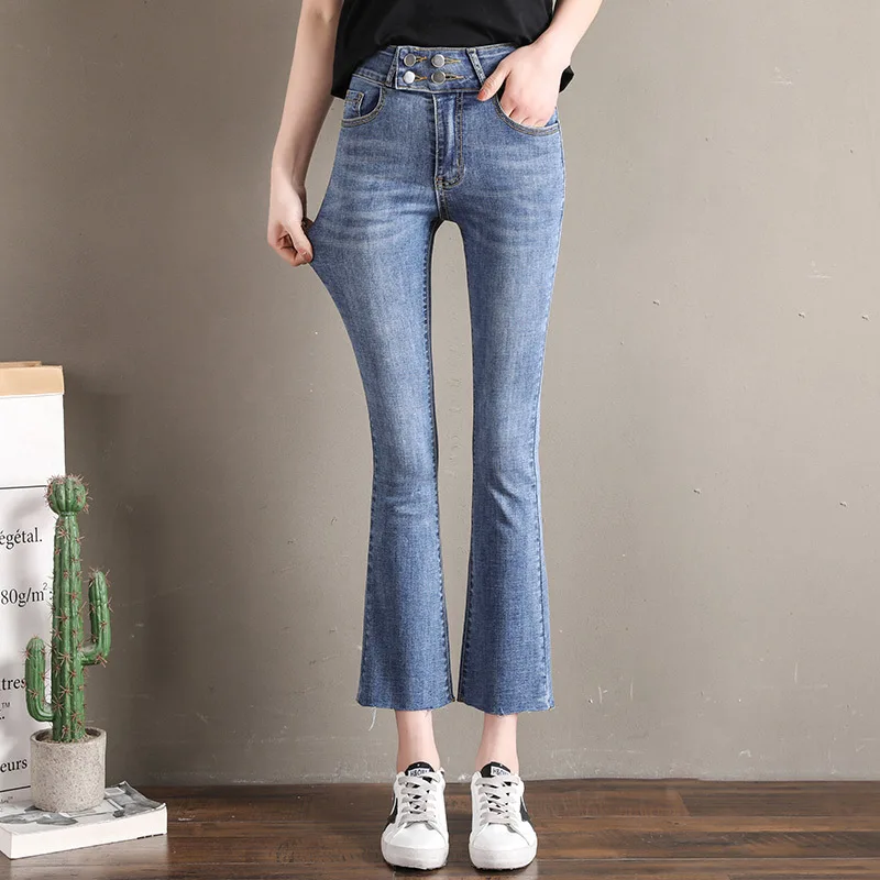 Denim Jeans Women Skinny Stretch High Waist Casual Scratched Bleached Wide Leg Pants Slim Button Ankle-Length Female Fashion |
