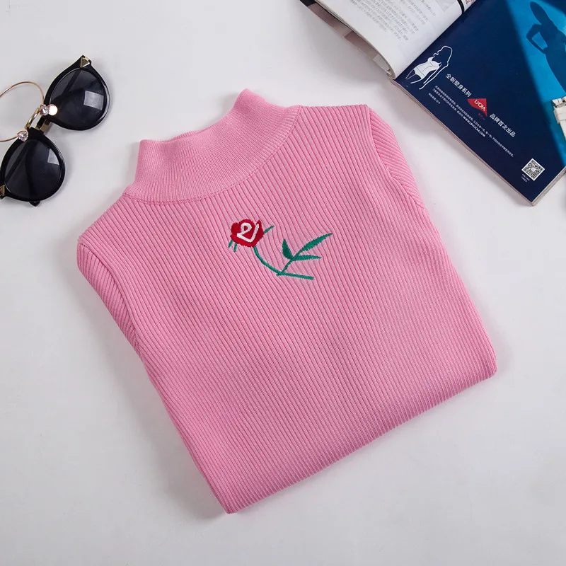 Шикарная роза Вышивка Половина Высокий воротник женщина основной Вязание