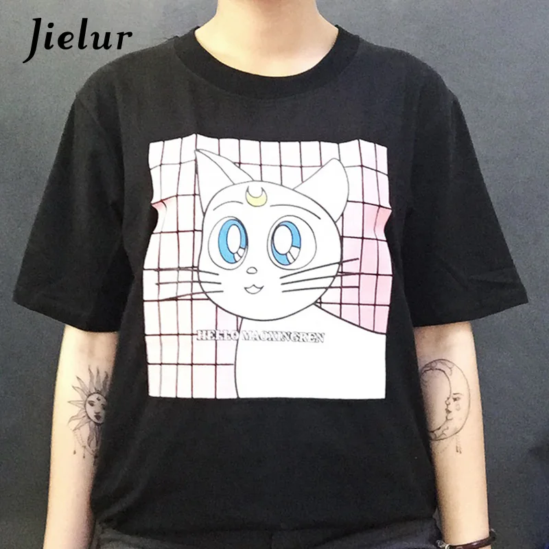 Jielur кавайный мультипликационный котик футболки на любой вкус с буквенным