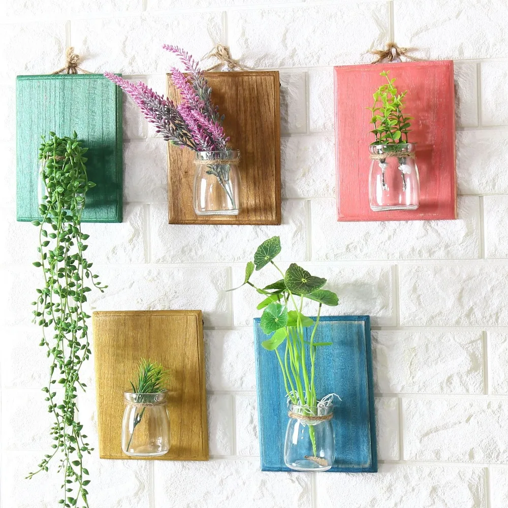 Бесплатная доставка! Postral Style стеклянный и деревянный настенный вазы для цветов