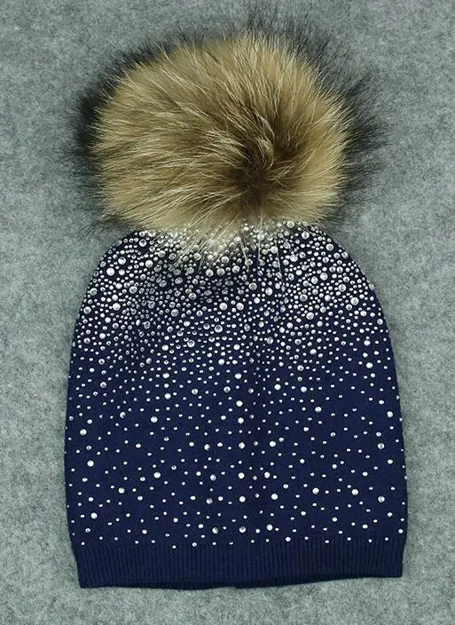 navy blue KUE019 Natural Fur Pom pom Knitted Hat Winter Wool Women Genuine Fur Ball Bobble Knit Beanies Bonnet Bones Skullies Rhinestone - Color: navy blue