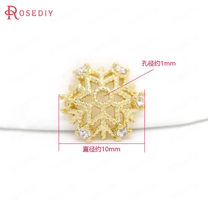 Латунные крышки для бусин в виде снежинок с покрытием 24-каратным золотом 6 шт. 10 мм