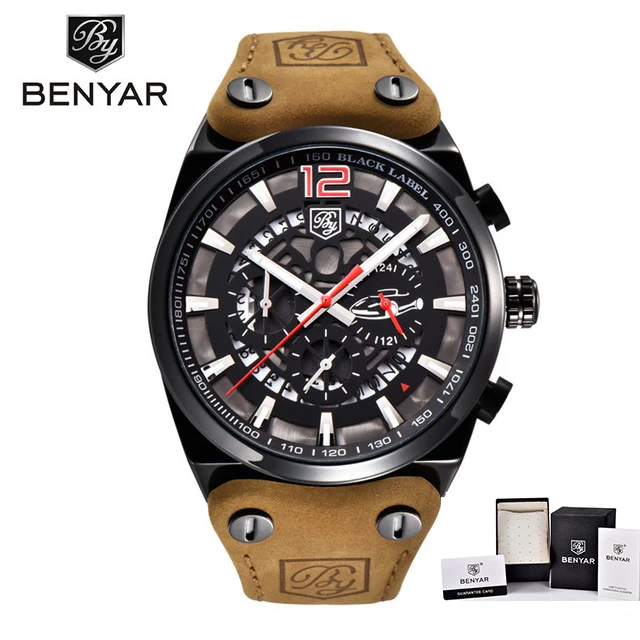 black red Часы мужские роскошные Брендовые Часы Benyar кварцевый спортивный Военный Мужские кожаные Наручные часы погружение 30 М часы в стиле кэжуал Masculino - Цвет: black red