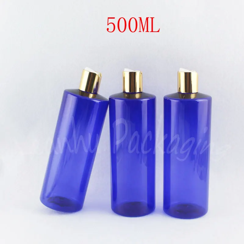 

500ML Blue Plastic Bottle With Gold Disc Top Cap , 500CC Empty Cosmetic Container , Shampoo / Lotion Packaging Bottle