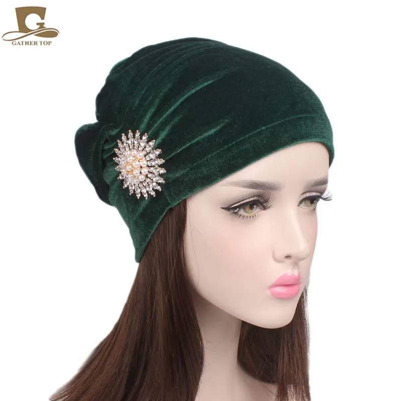 

New Luxury Women Velvet Turban Ruffle Beanie Cap With Pearled Brooch Hat Chemo Cap Liner For Cancer Hair Loss Ladies Turbante