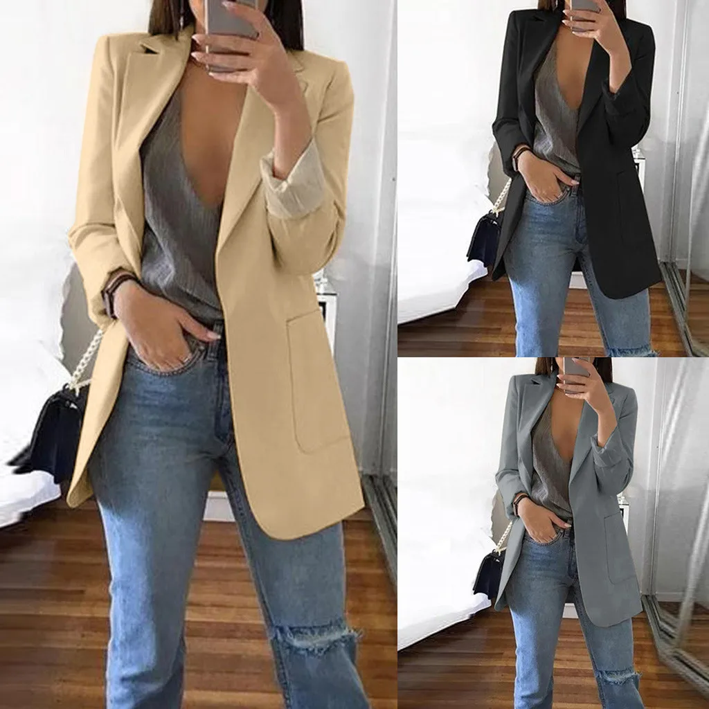 Модный тонкий блейзер женский осенний костюм куртка для работы и офиса черный