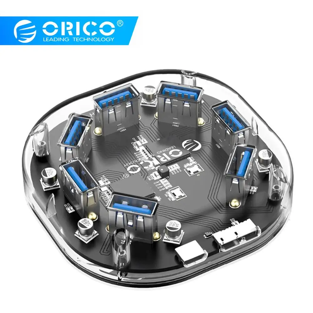 ORICO прозрачный 4 7 портов USB3.0 концентратор с двойным интерфейсом питания Портативный высокоскоростной usb-разветвитель 5 Гбит/с для ноутбука MacBook