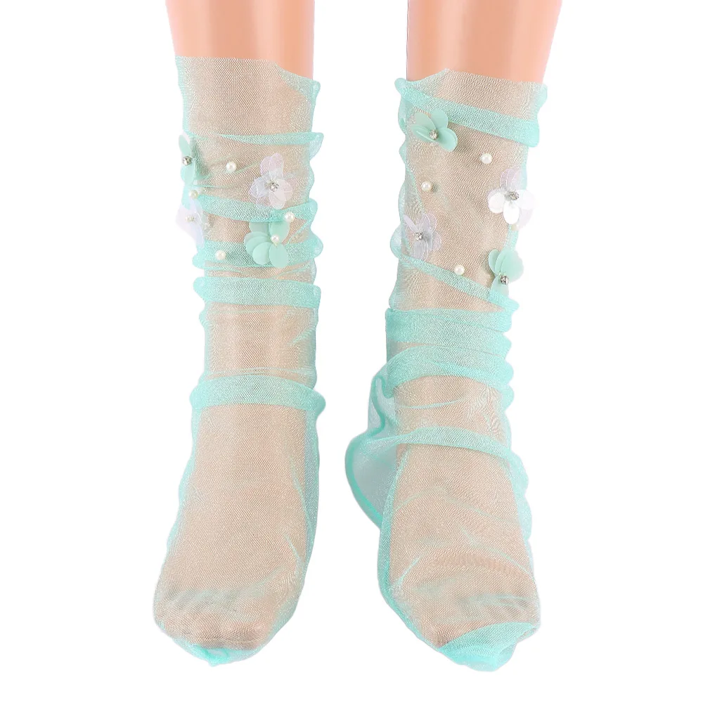 Women's Handmade Candy Colors Sequins Flowers Thin Socks Girl's Transparent Mesh Floral Pearl Gauze Hosiery |