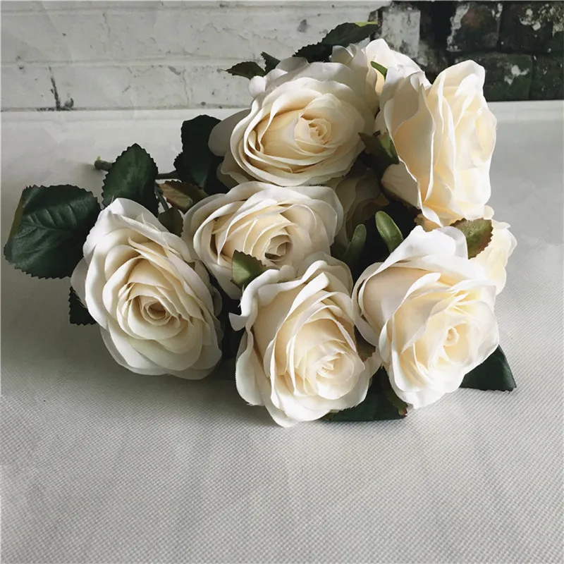 Milk white Новейшие декоративные 10 голов, большой букет роз, шелк+ пластик, искусственные цветы Флорес для украшения дома, свадьбы - Цвет: Milk white