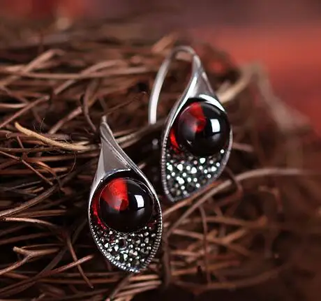 garnet 925 серебряные серьги женские винтажные синтетический гранат камень S925 тайское серебро Букле д 'ореиль висячие серьги - Окраска металла: garnet