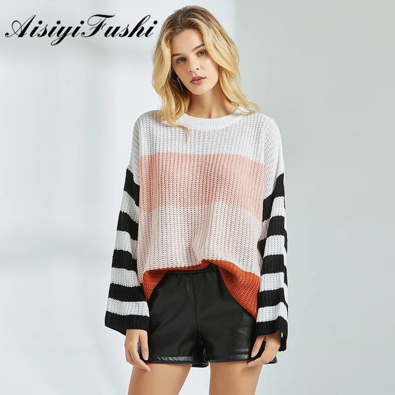 AISIYIFUSHI Rainbow Striped Pullover Sweaters Ladies Sexy Long Sleeve Batwing Loose Knitted Thin Oversize Sweater Women | Женская одежда