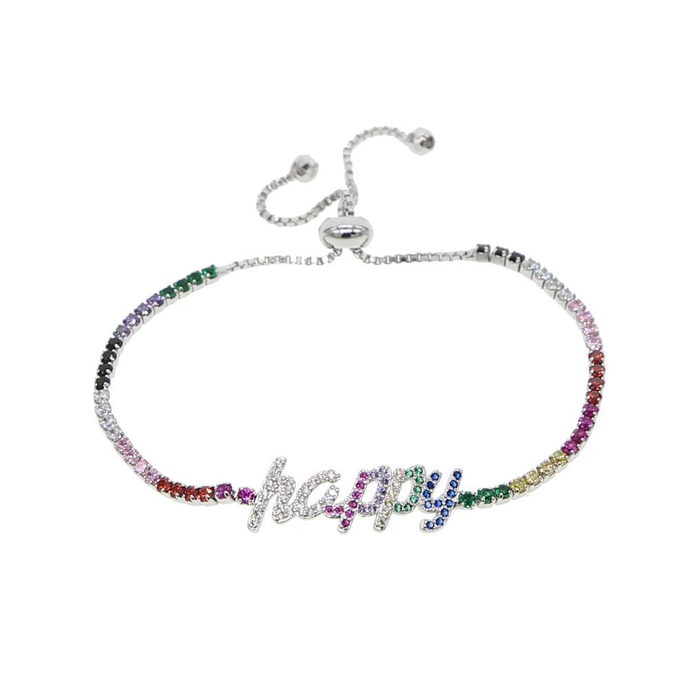 happy Adjustable Rainbow cz tennis chain Bracelet jewelry with happy peace happy letter charm - Окраска металла: happy